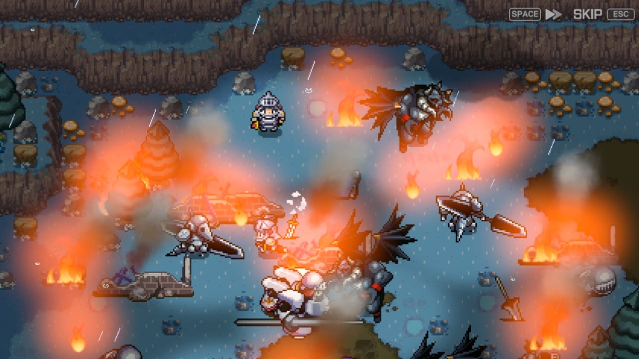 ZENONIA 1 opening battle: soldiers clash in a burning field while a knight stands in the rain