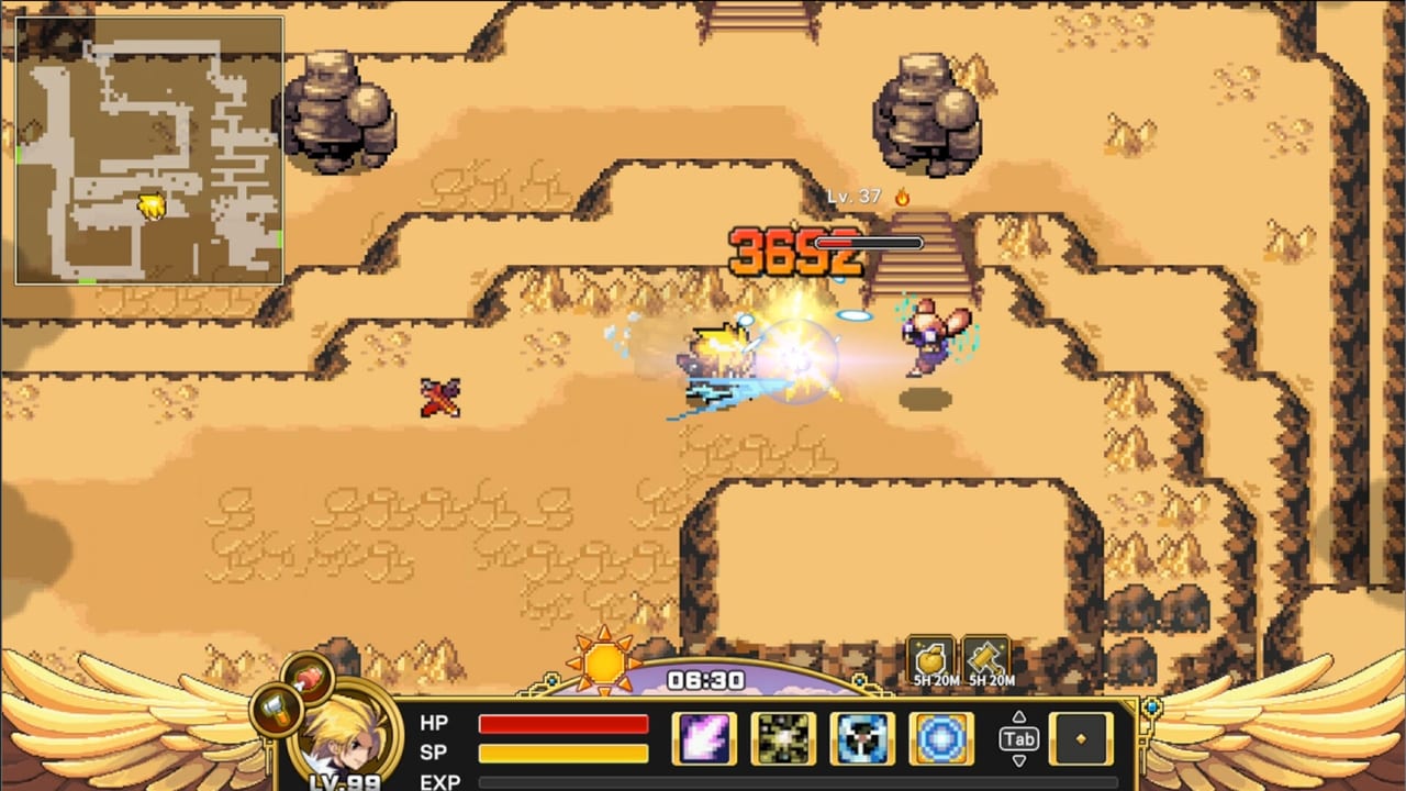 ZENONIA 1 gameplay HUD in a desert dungeon, with minimap, skill bar, and combat damage numbers